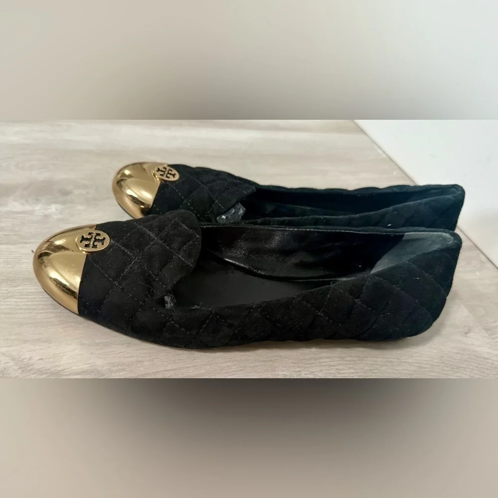Tory Burch Womens Kaitlin Quilted Suede Smoking Slipper Flat Black-Bronze Size 7